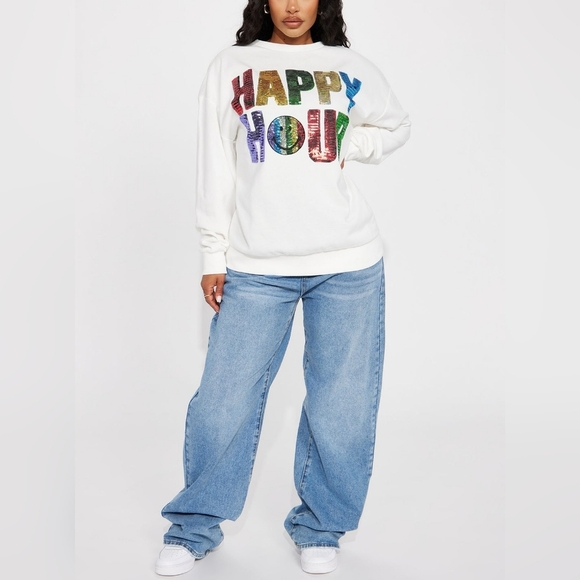 Fashion Nova Sequin Happy Hour Sweatshirt Ivory Size L Colorful Rainbow Holiday - Picture 6 of 7